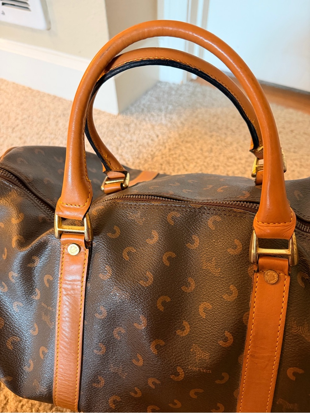 Carven Paris travel Duffel Bag in Brown and Tan - Designer Logo Pattern - Picture 8 of 15